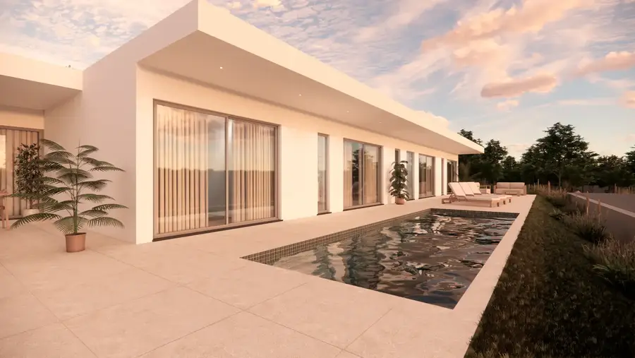 Moradia térrea com piscina ao pôr do sol, render 3D