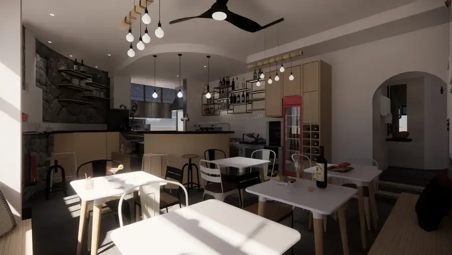Render 3D da sala do restaurante Jarana