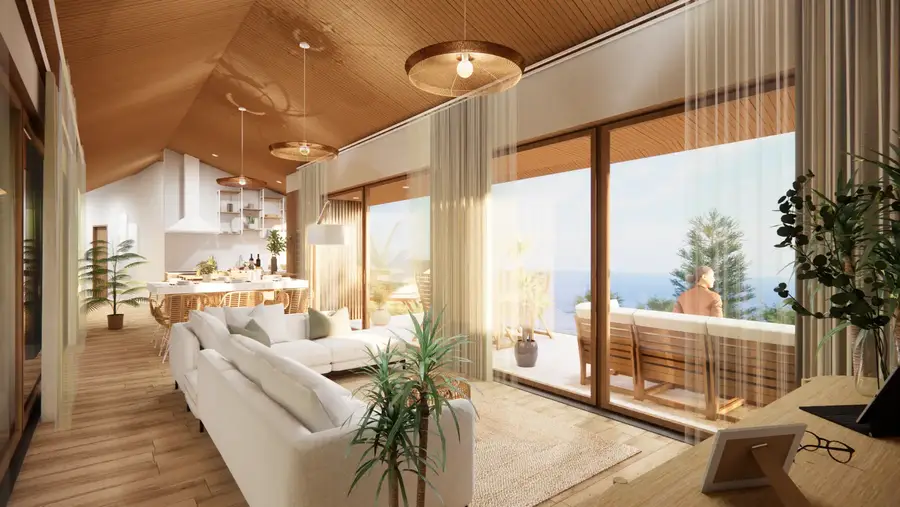 Sala com teto em madeira e grandes vãos envidraçados para a paisagem, render 3D